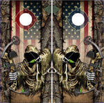 Wicked Wire Bow Reaper Hunt Camo Flag Cornhole Boards