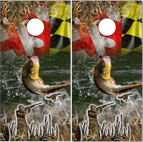 Bass Buck Hunting Maryland Flag Cornhole Boards