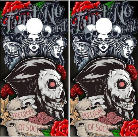 See Speak Hear No Evil Skull Rose Gentleman Cornhole Boards